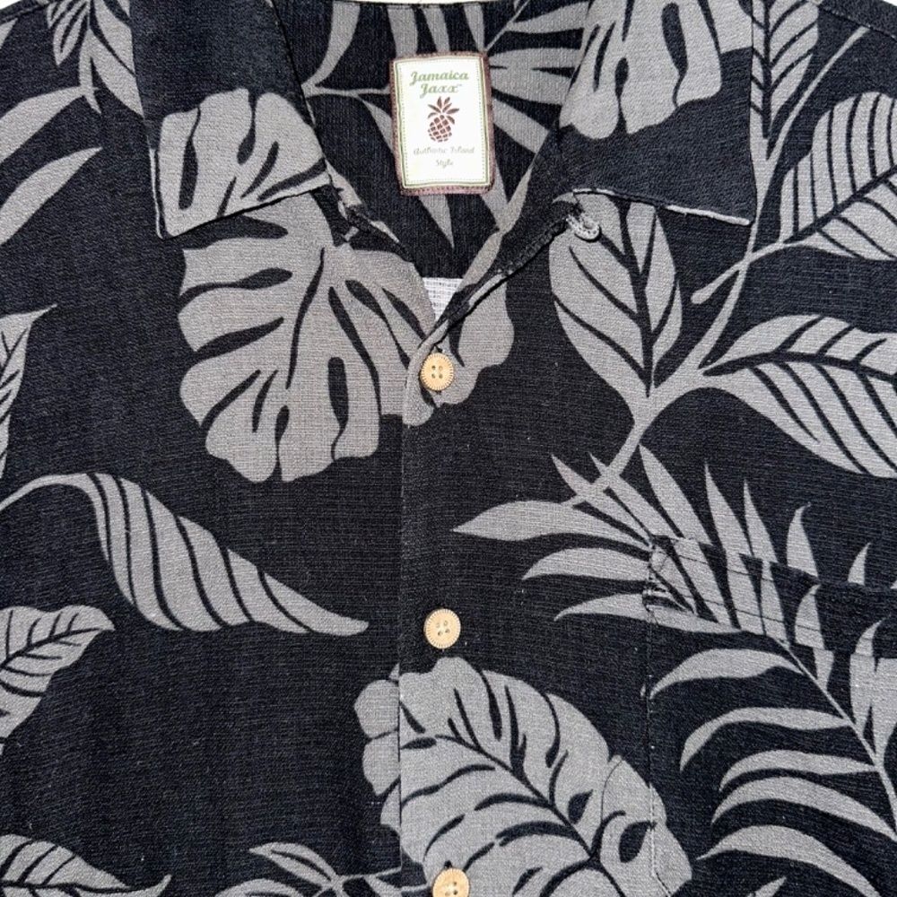 JAMAICA JAXX Mens L 100% Silk Hawaiian PREPPY Dress Casual Shirt Black Gray - Picture 2 of 8